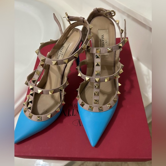 VALENTINO Rockstud Accents Leather Gold Stud T-strap Bright Blue Pump Heel 37 - Picture 11 of 15